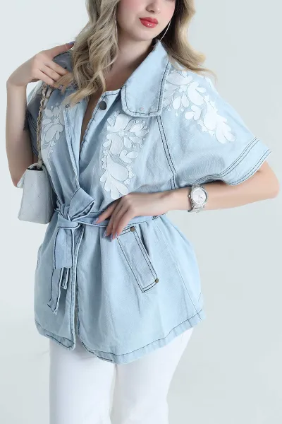 Mavi Nakışlı Denim Kadın Yelek 474401