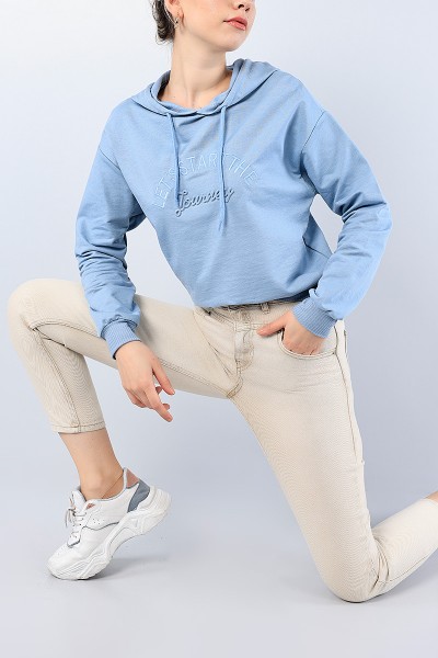 Mavi Nakışlı Gofre Baskılı Bayan Sweat 76141