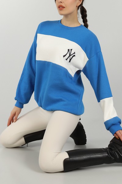 Mavi Nakışlı İçi Şardonlu Bayan Sweat 146289