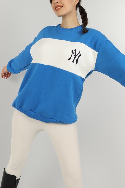 Mavi Nakışlı İçi Şardonlu Bayan Sweat 146289