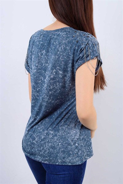 Mavi Omuz Detaylı Bayan Tişört 14806B