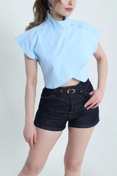 Mavi Omuz Düğmeli Poplin Kadın Bluz 459764