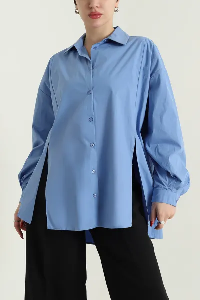 Mavi Önü Yırtmaçlı Oversize Paper Kadın Gömlek 429891