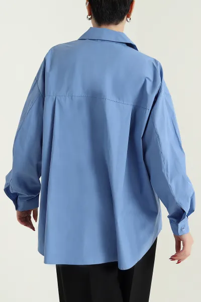Mavi Önü Yırtmaçlı Oversize Paper Kadın Gömlek 429891