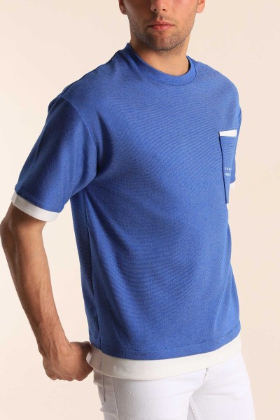 Mavi Oversize Çift Renk Cepli Erkek Tişört 181827