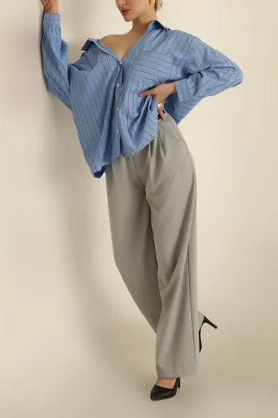 Mavi Oversize Çizgili Cepli Bayan Gömlek 257884