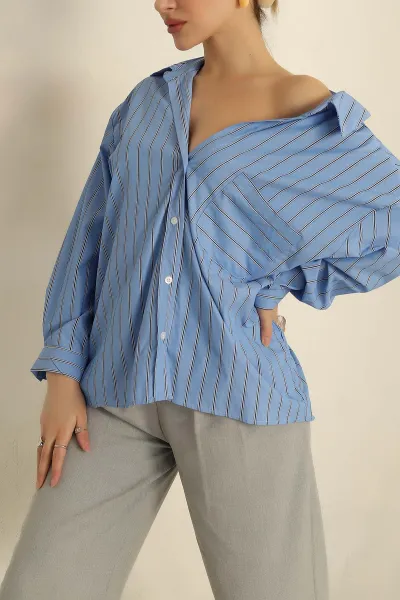 Mavi Oversize Çizgili Cepli Bayan Gömlek 257884
