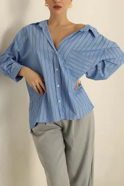 Mavi Oversize Çizgili Cepli Bayan Gömlek 257884
