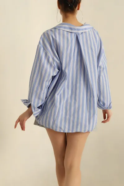 Mavi Oversize Çizgili Cepli Bayan Gömlek 257886