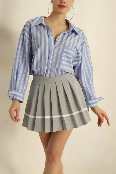 Mavi Oversize Çizgili Cepli Bayan Gömlek 257886