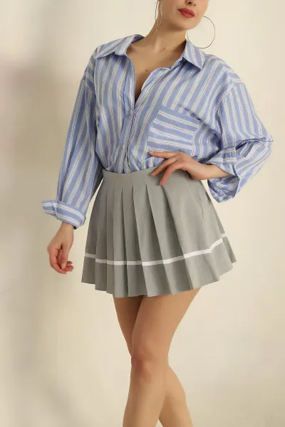 Mavi Oversize Çizgili Cepli Bayan Gömlek 257886