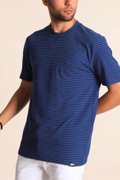 Mavi Oversize Çizgili Örme Erkek Tişört 194574