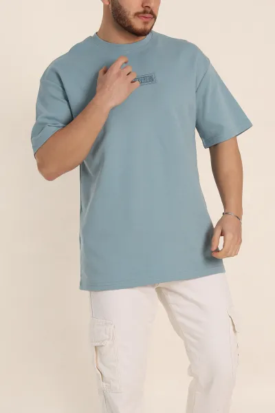 Mavi Oversize Duble Kumaş Nakış Detaylı Erkek Tişört 345723