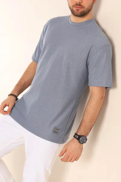 Mavi Oversize Jakarlı Dikiş Detaylı Erkek Tişört 253348