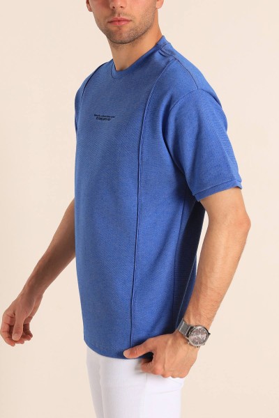 Mavi Oversize Kabartma Yazılı Dikişli Erkek Tişört 181818