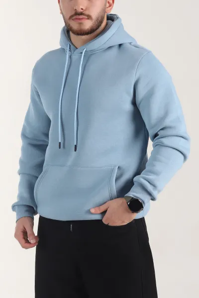 Mavi Oversize Üç İp Şardonlu Erkek Basic Kapüşonlu Sweatshirt 403196