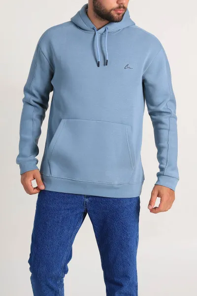 Mavi Oversize Üç İp Şardonlu Kapüşonlu Sweatshirt 300919