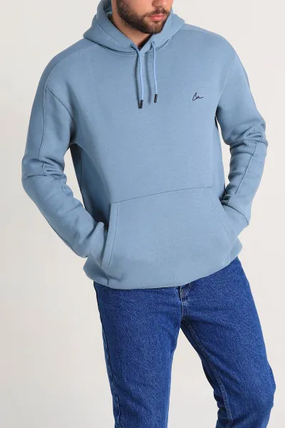 Mavi Oversize Üç İp Şardonlu Kapüşonlu Sweatshirt 300919