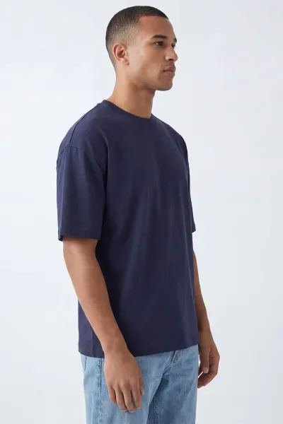 Lacivert Oysho Kumaş Oversize Bisiklet Yaka Erkek Tişört 438912