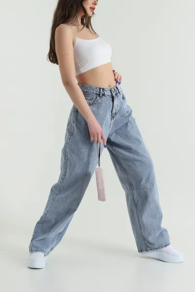 Mavi Paça Pileli Baggy Kadın Kot Pantolon 426313