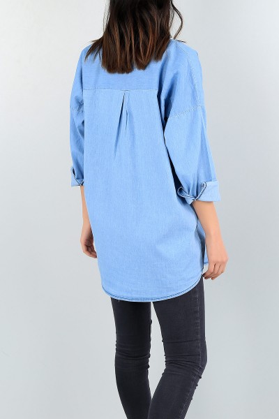 Mavi Nakışlı Yazlık Kot Bayan Gömlek Tunik 57887