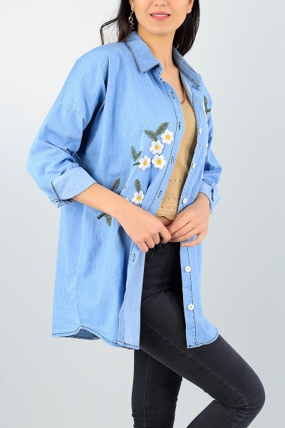 Mavi Nakışlı Yazlık Kot Bayan Gömlek Tunik 57887