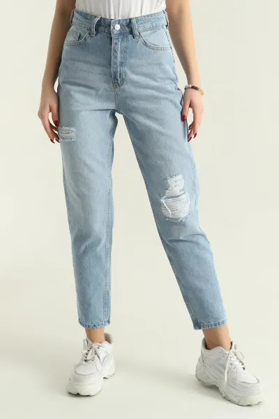Mavi Pençli Yırtık Mom Kot Pantolon 334794