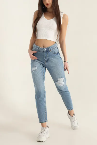 Mavi Pençli Yırtık Mom Kot Pantolon 337497