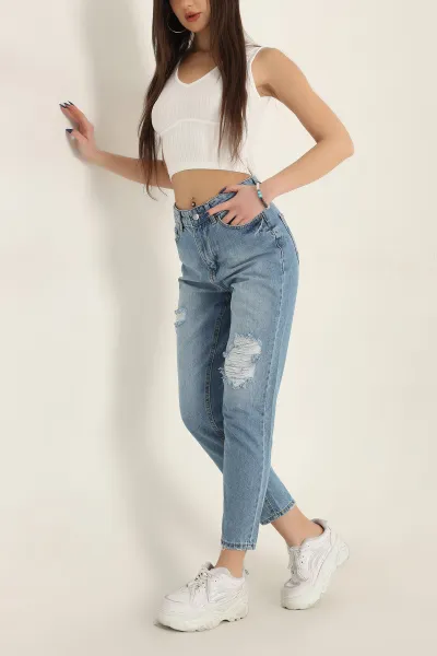 Mavi Pençli Yırtık Mom Kot Pantolon 337497