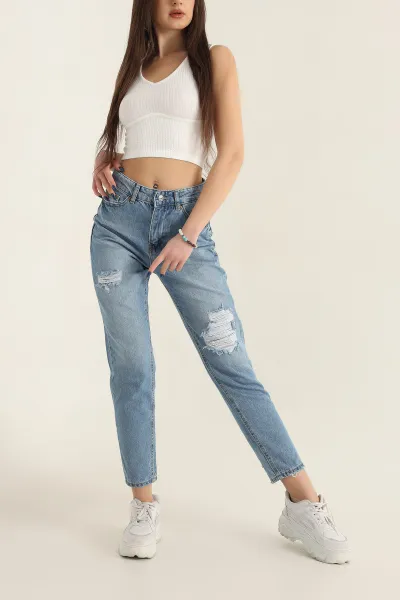 Mavi Pençli Yırtık Mom Kot Pantolon 337497