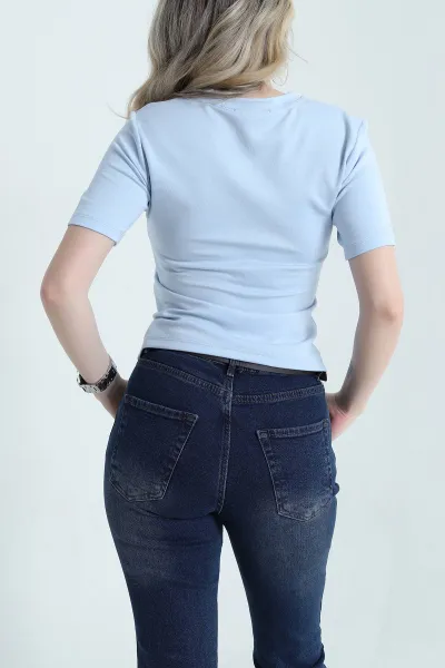 Mavi Pileli Asimetrik Kesim Kadın Bluz 456012