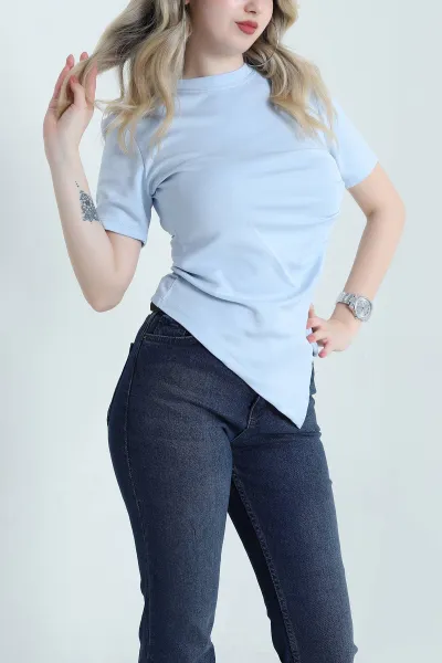 Mavi Pileli Asimetrik Kesim Kadın Bluz 456012