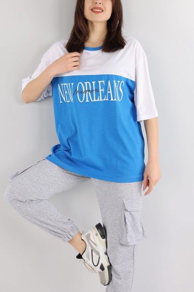 Mavi Plastik Baskılı Oversize Tişört 166212