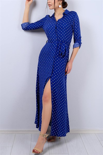 Mavi Puantiyeli Bayan Kemerli Elbise 13154B