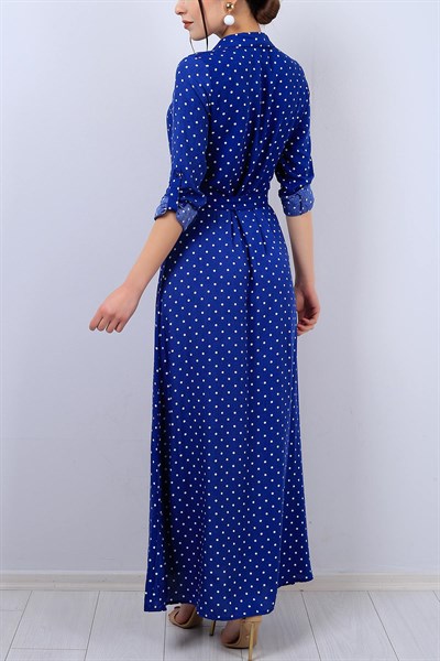 Mavi Puantiyeli Bayan Kemerli Elbise 13154B