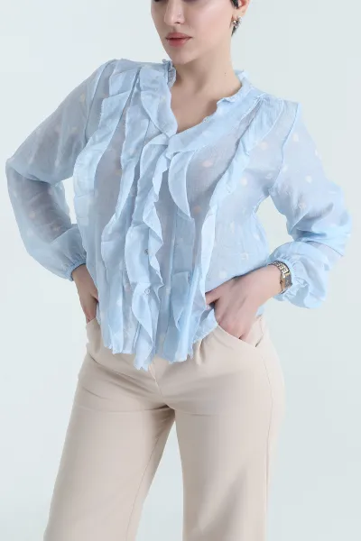 Mavi Puantiyeli Fırfırlı Tencel Kadın Gömlek 448292