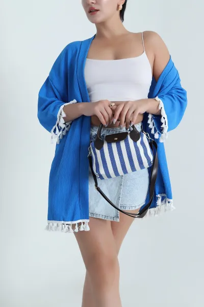 Mavi Püsküllü Bürümcük Kadın Kimono 481650