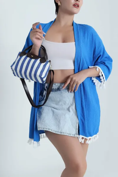 Mavi Püsküllü Bürümcük Kadın Kimono 481650