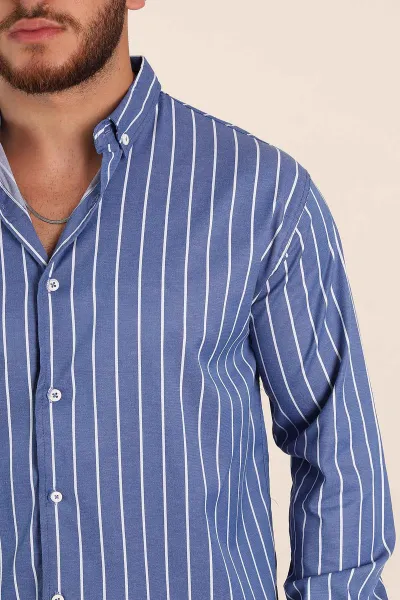 Mavi Regular Fit Çizgili Ata Yaka Uzun Kollu Erkek Gömlek 369994