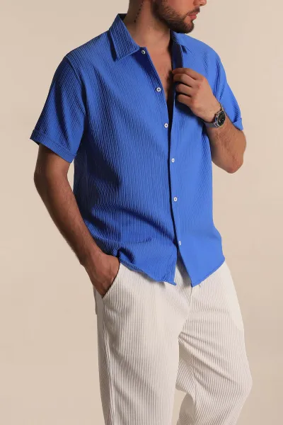 Mavi Regular Fit Fitilli Doku Kısa Kollu Erkek Gömlek 275491