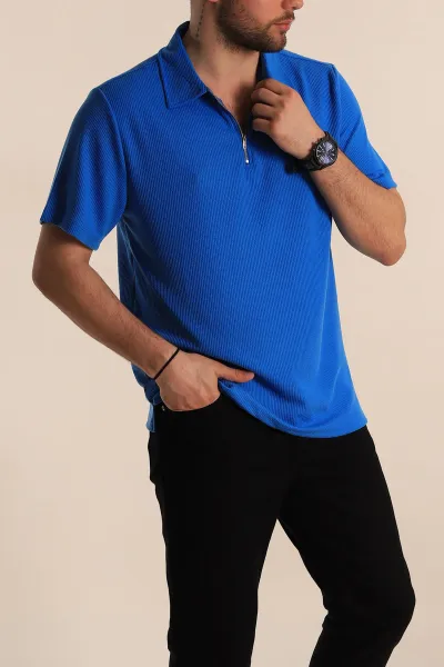 Mavi Relaxed Fit Fitilli Doku Fermuarlı Polo Yaka Erkek Tişört 268310