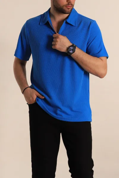 Mavi Relaxed Fit Fitilli Doku Fermuarlı Polo Yaka Erkek Tişört 268310