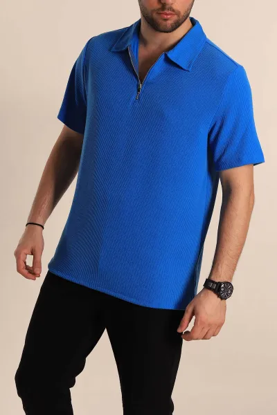 Mavi Relaxed Fit Fitilli Doku Fermuarlı Polo Yaka Erkek Tişört 268310