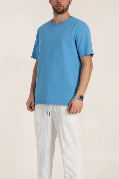 Mavi Relaxed Fit İki İp Yırtık Yaka Detaylı Basic Erkek Tişört 347587
