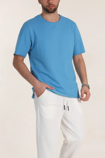 Mavi Relaxed Fit İki İp Yırtık Yaka Detaylı Basic Erkek Tişört 347587