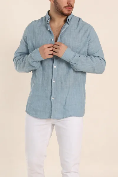 Mavi Relaxed Fit Keten Kare Dokulu Ata Yaka Erkek Gömlek 339178