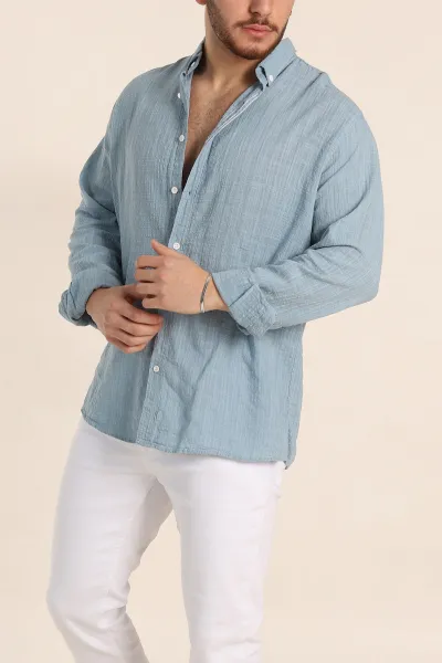 Mavi Relaxed Fit Keten Kare Dokulu Ata Yaka Erkek Gömlek 339178