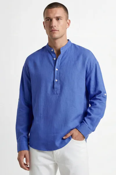 mavi-relaxed-fit-keten-yarim-dugmeli-hakim-yaka-erkek-gomlek-435882