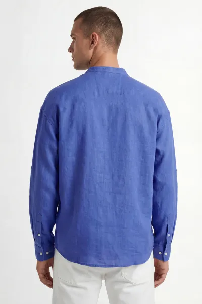 Mavi Relaxed Fit Keten Yarım Düğmeli Hakim Yaka Erkek Gömlek 435882