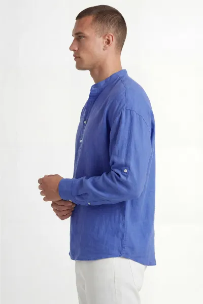Mavi Relaxed Fit Keten Yarım Düğmeli Hakim Yaka Erkek Gömlek 435882